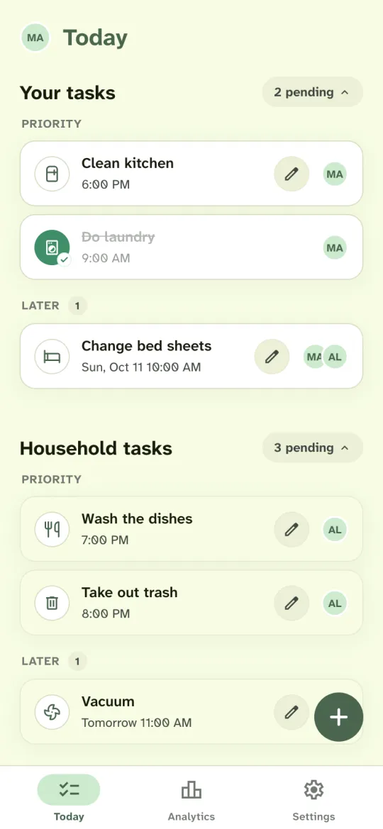 Housli Today screen for Maya: her kitchen chore at 6 PM, her finished laundry, and bed sheets she shares with Alex on Sunday. Alex has the dishes and the trash tonight and the vacuuming tomorrow.