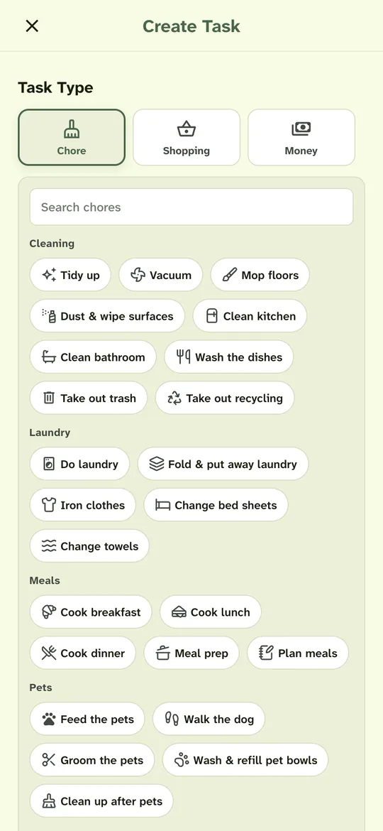 Housli Create Task screen with chore, shopping, and money task types