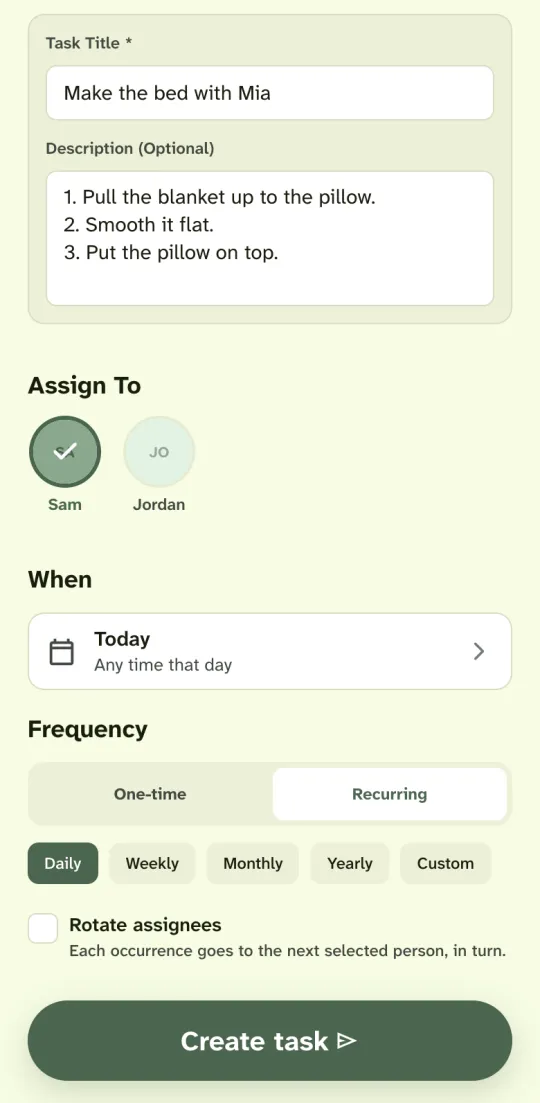 Housli Create Task screen: a custom task titled Make the bed with Mia, with three numbered steps in the description, assigned to Sam, with the frequency set to Recurring and Daily.
