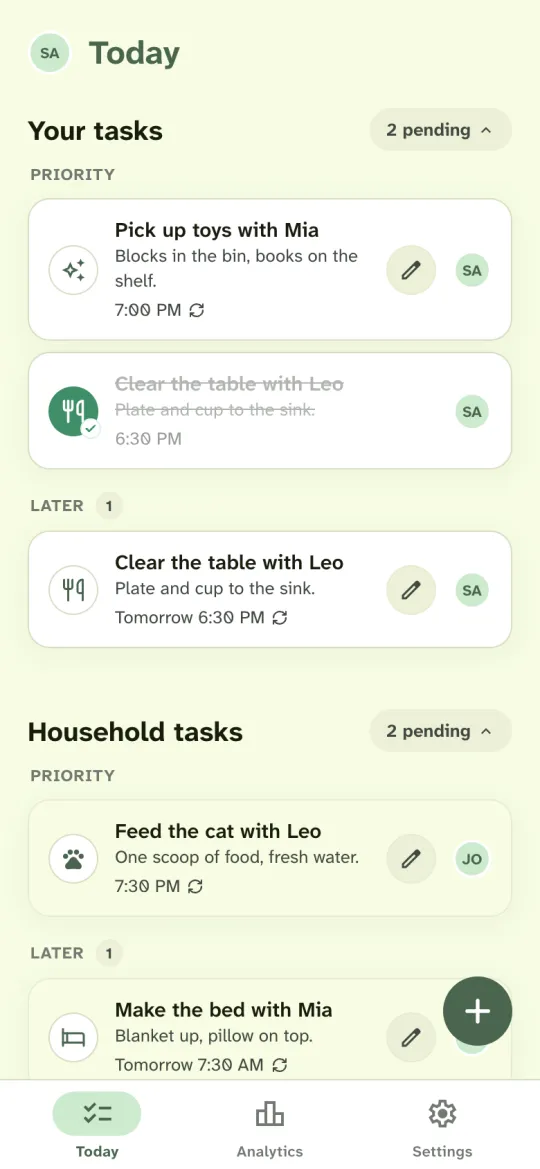Housli Today screen for Sam: Pick up toys with Mia at 7 PM, Clear the table with Leo marked done, and tomorrow’s Clear the table under Later. Below, Jordan has Feed the cat with Leo tonight and Make the bed with Mia tomorrow morning. Each daily chore shows a repeat icon.