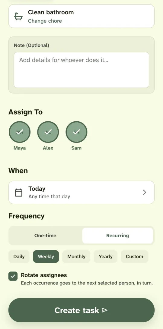 Housli Create Task screen: Clean bathroom is assigned to Maya, Alex and Sam, the frequency is Recurring and Weekly, and Rotate assignees is on.