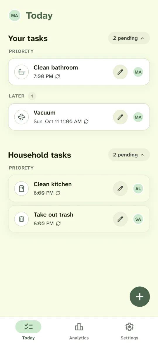 Housli Today screen for Maya in a household of three: her bathroom turn tonight and the vacuuming on Sunday. Alex has the kitchen and Sam has the trash tonight. Each repeating chore shows a repeat icon.