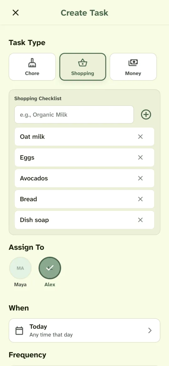 Housli Create Task screen: the Shopping type with a checklist of oat milk, eggs, avocados, bread and dish soap, assigned to Alex for today.