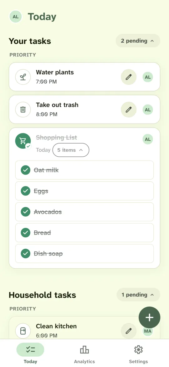 Housli Today screen for Alex after he checks the last item: the Shopping List and all five items show as done, below his open plants and trash chores.