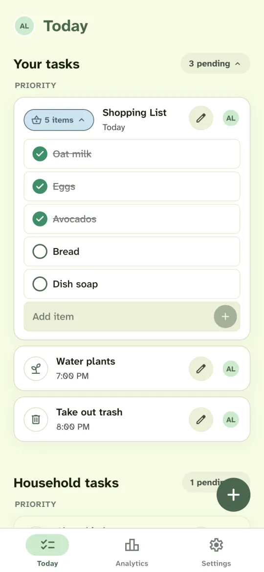 Housli Today screen for Alex: his Shopping List for today is open, with oat milk, eggs and avocados checked and bread and dish soap still to buy. His plants and trash chores are below.