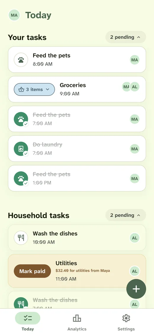 Today view with household chores, groceries, and a utility money request